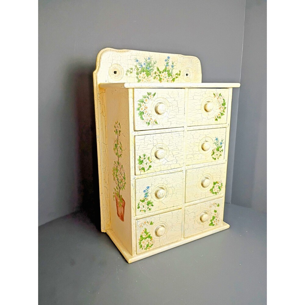 Vintage Handmade Wooden Apothecary Chest 8 Drawers Crackle Finish Floral Decals